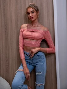 D&M Cut Out Front Glitter Bardot Top - Pink - View 1