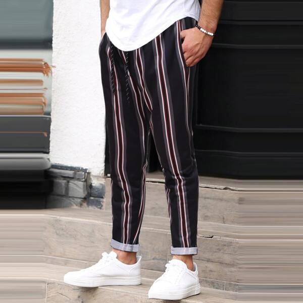 

Men Striped Print Drawstring Waist Pants, Black
