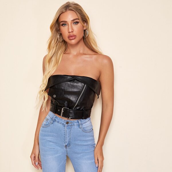 

PU Foldover Zipper Self Tie Bandeau, Black