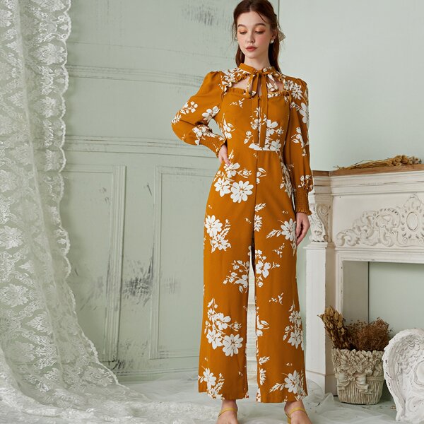 

Tie Neck Floral Print Peekaboo Culottes Jumpsuit, Ginger