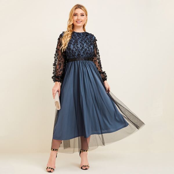 

Plus 3D Appliques Mesh Overlay Dress, Dusty blue