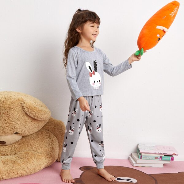 

Toddler Girls Cartoon Rabbit Print PJ Set, Grey