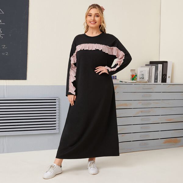 

Plus Contrast Pleated Ruffle Tee Dress, Black