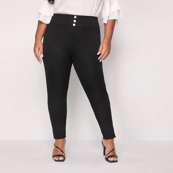 

Plus Button Front High Waist Leggings, Black