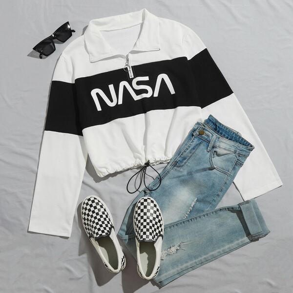 

Letter Graphic Drawstring Hem Half Zipper Sweatshirt, Black and white