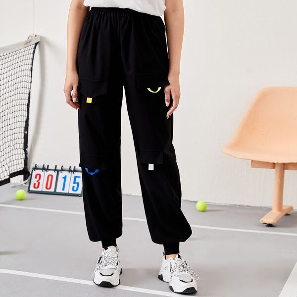 

Elastic Waist Flap Detail Pants, Black