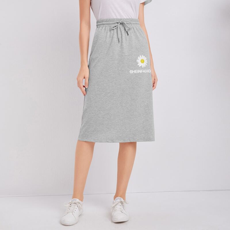 

Letter and Daisy Print Drawstring Waist Skirt, Light grey