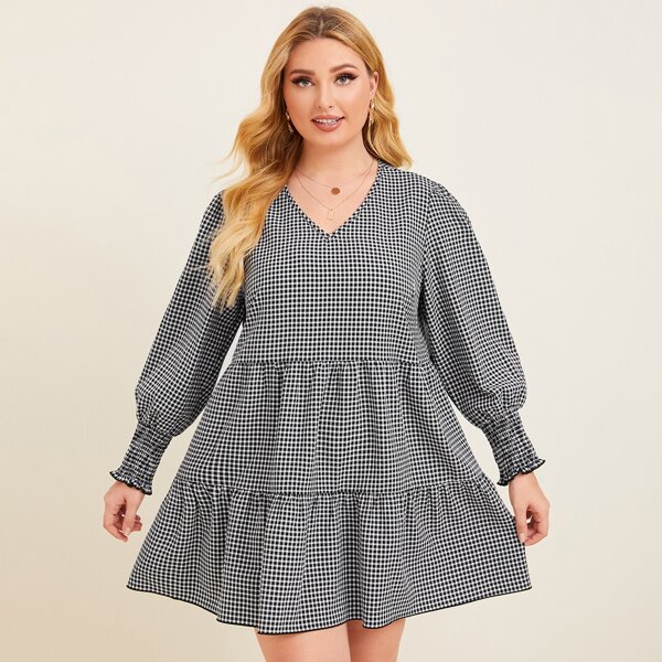 

Plus Shirred Cuff Lantern Sleeve Ruffle Hem Gingham Dress, Black and white