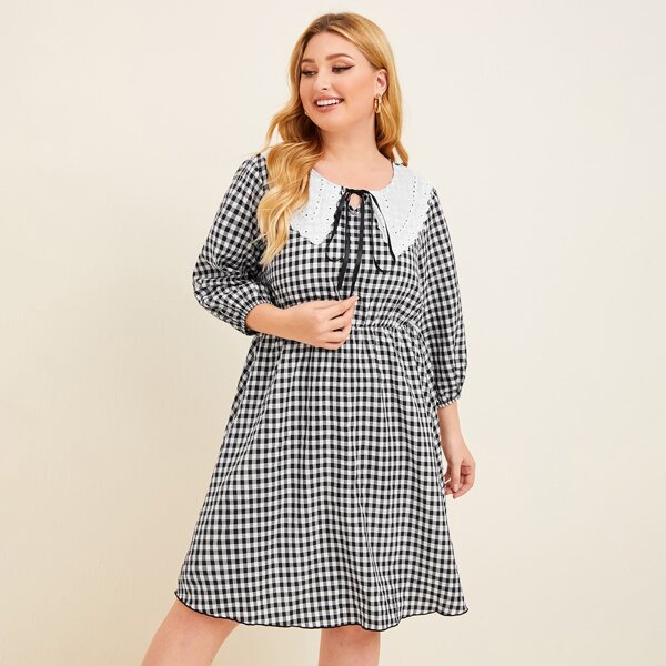 

Plus Contrast Collar Tie Front Gingham Dress, Black and white