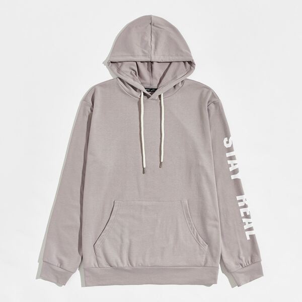 

Men Letter Graphic Pocket Front Hoodie, Grey