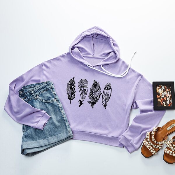 

Plus Feather Print Drawstring Hoodie, Lilac purple