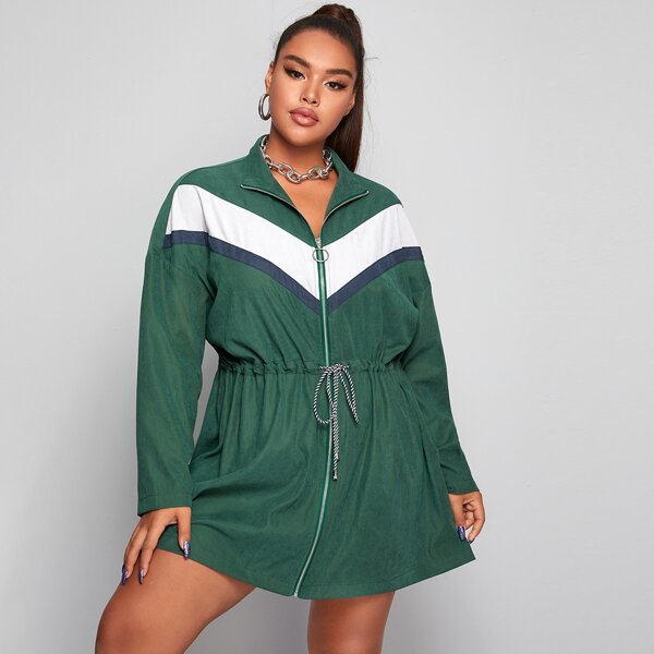 

Plus Drawstring Waist O-ring Zip Up Chevron Coat, Green