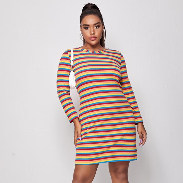 

Plus Rainbow Striped Ribbed Fitted Dress, Multicolor