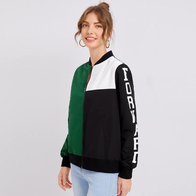 

Letter Graphic Colorblock Bomber Jacket, Multicolor