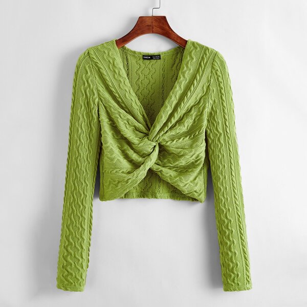

Twist Front Cable Knit Sweater, Lime green