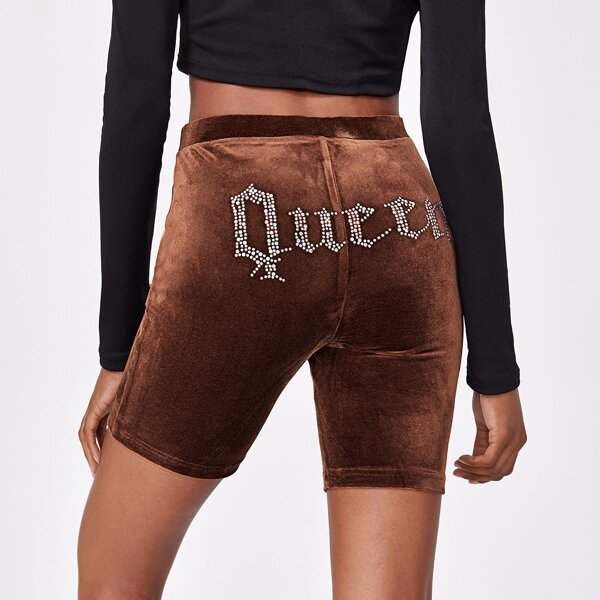 

Rhinestone Letter Beaded Velvet Legging Shorts, Chocolate brown