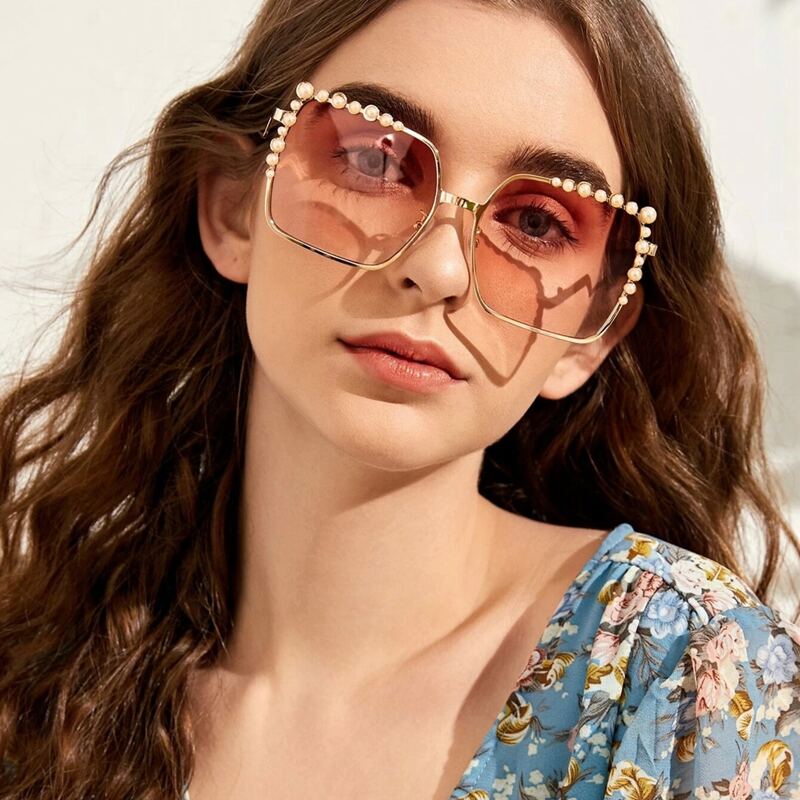 

Faux Pearl Decor Metal Frame Sunglasses With Case, Multicolor