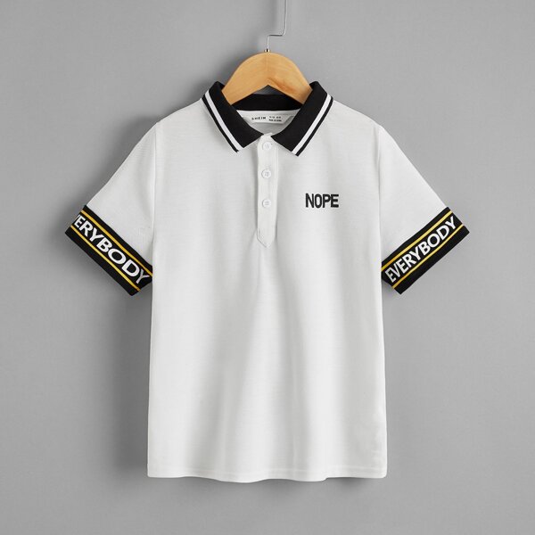 

Boys Letter Graphic Striped Trim Polo Shirt, White