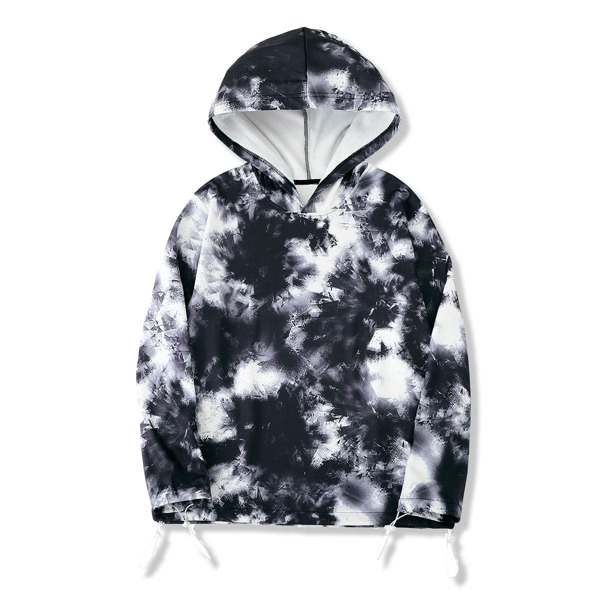 

Men Tie Dye Print Drawstring Hem Hoodie, Black and white