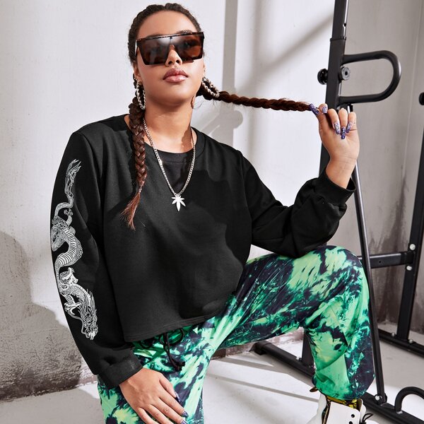 

Plus Chinese Dragon Sleeve Sweatshirt, Black