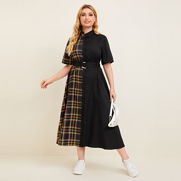 

Plus Tartan Panel D-ring Belted Shirt Dress, Multicolor