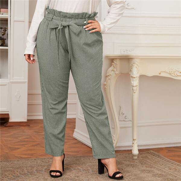 

Plus Paperbag Waist Buffalo Plaid Self Belted Pants, Dark green