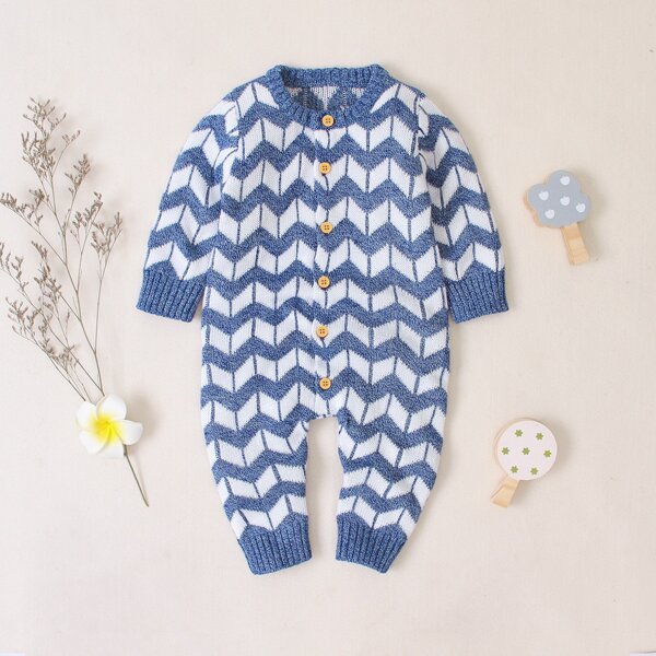 

Baby Boy Chevron Button Front Ribbed Jumpsuit, Blue and white
