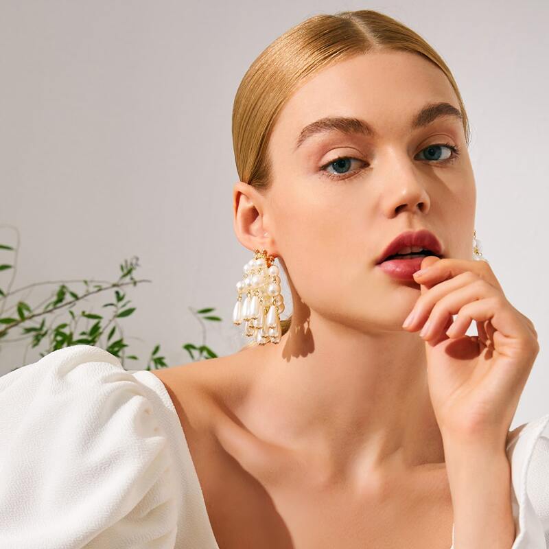 

Faux Pearl Beaded Tassel Drop Earrings, Gold