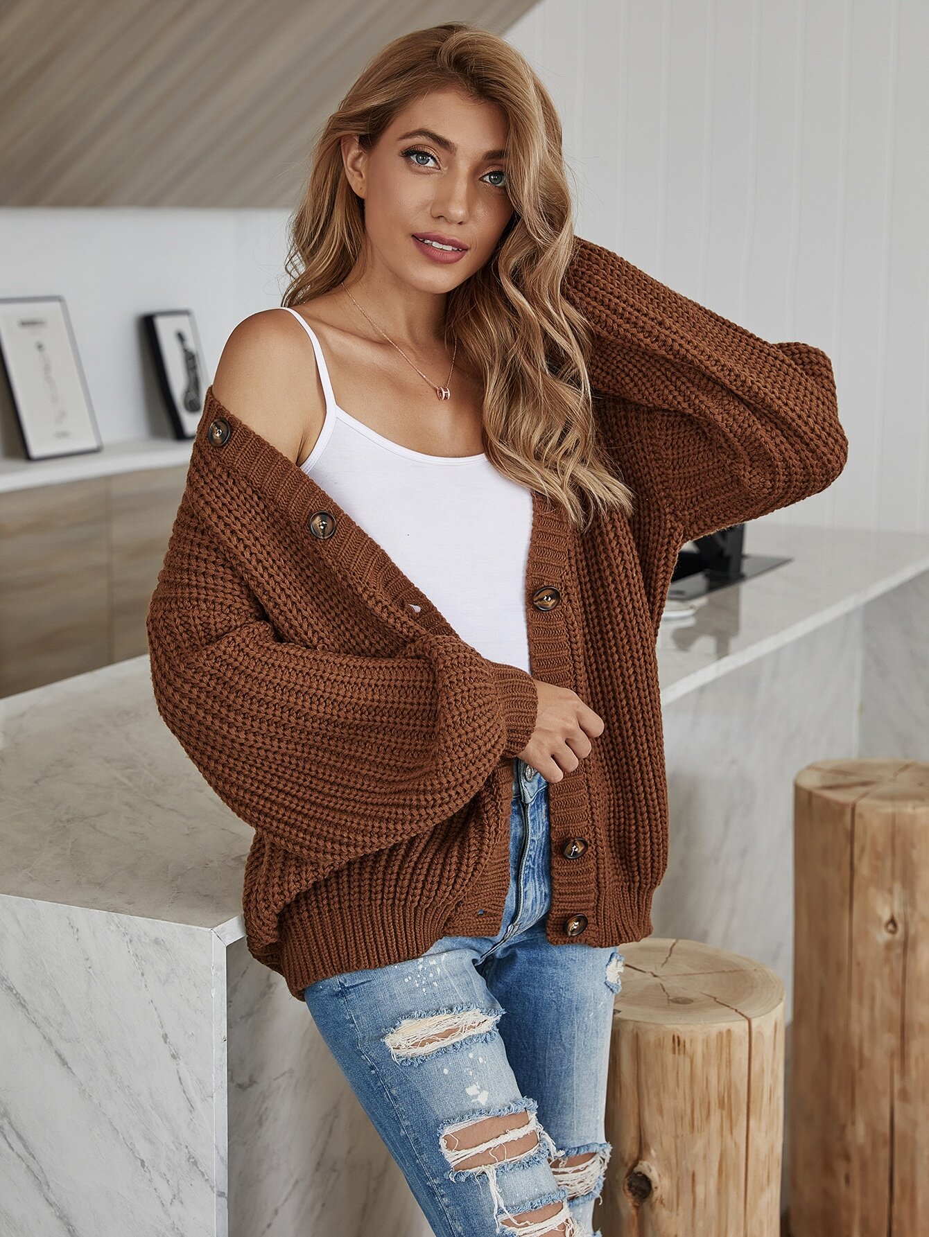Solid Rib-Knit Button Up Cardigan thumbnail