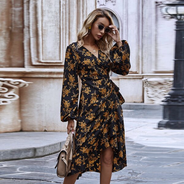 

Allover Floral Ruffle Hem Wrap Tie Dress, Multicolor