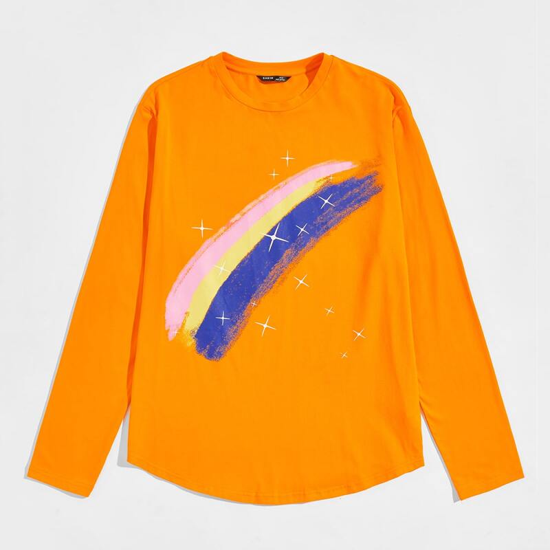 

Men Neon Orange Brush Stroke Print Tee, Orange neon