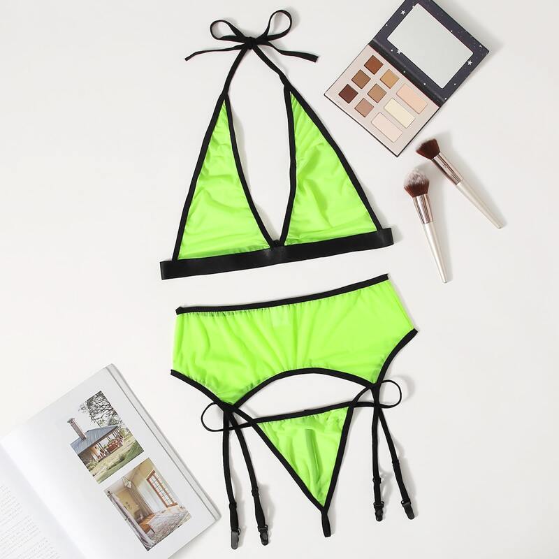 

Contrast Binding Garter Lingerie Set, Bright lime green