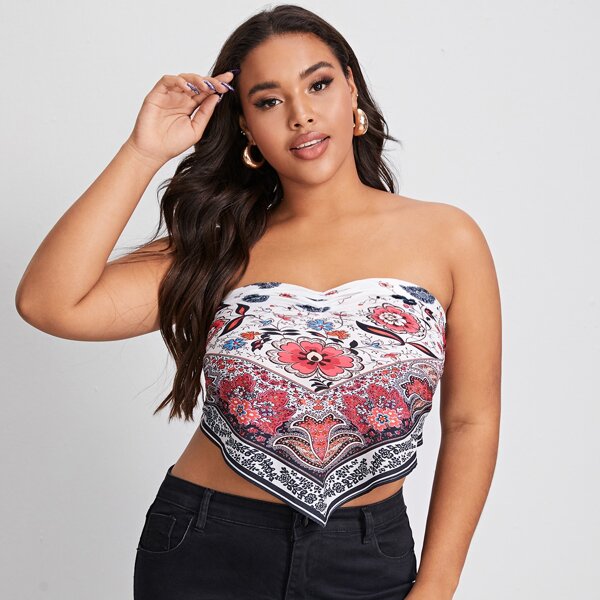 

Plus Floral Print Tie Back Bandana Tube Top, Multicolor