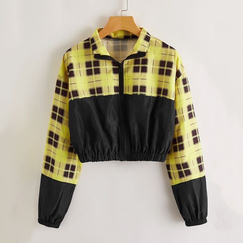 

Zip Up Contrast Plaid Print Crop Jacket, Multicolor