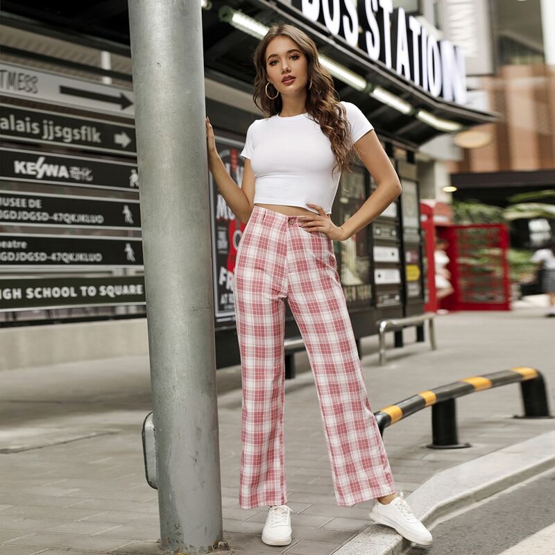 

High Waist Plaid Pants, Multicolor