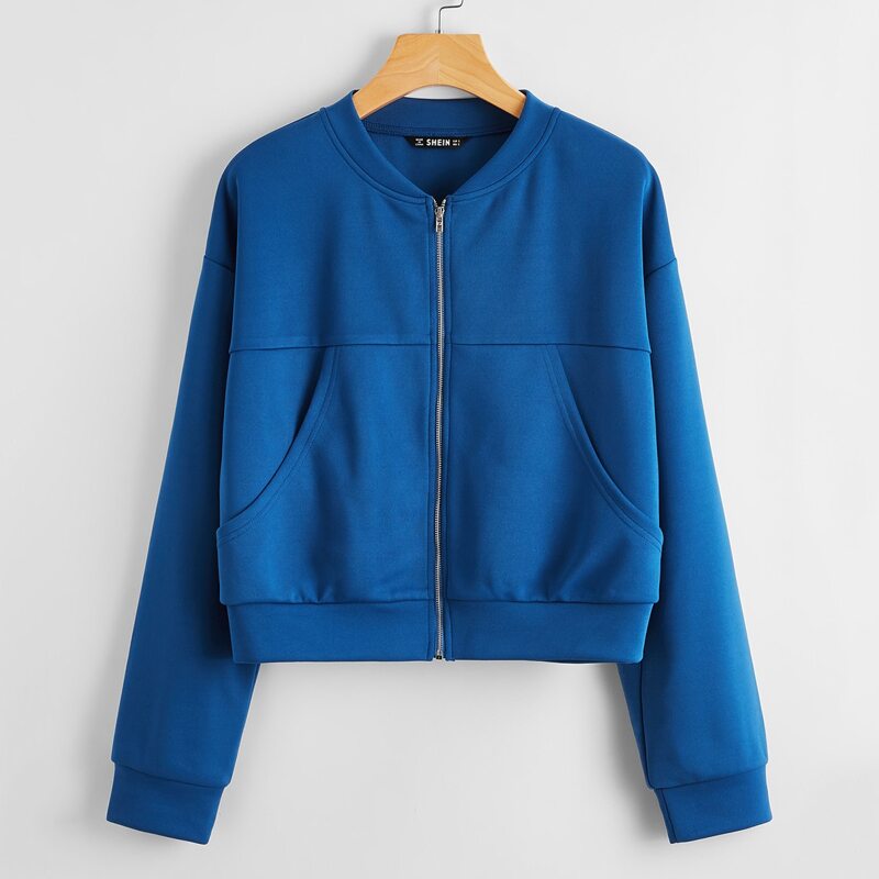

Pocket Front Zip Up Bomber Jacket, Blue