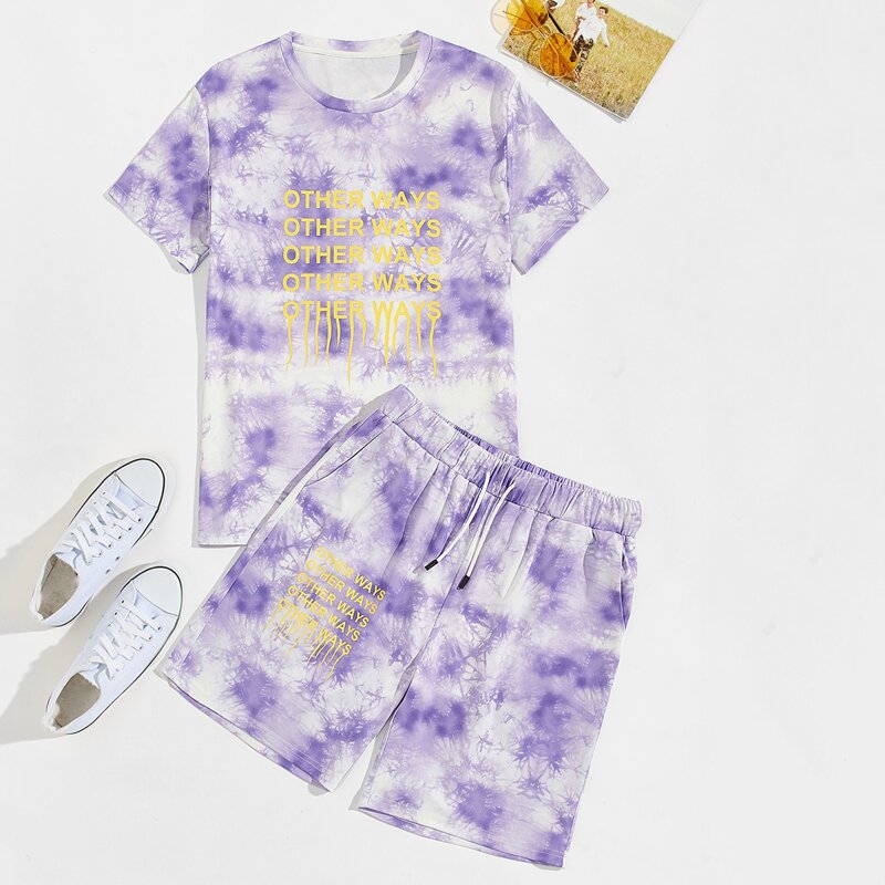

Guys letter And Tie Dye Print Tee & Shorts, Lilac purple