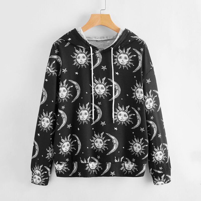 

Abstract Sun And Moon Print Hooded Sweatshirt, Black