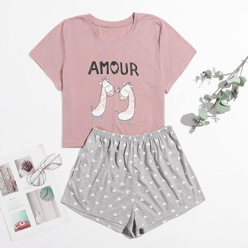 

Letter & Cartoon Graphic Tee & Shorts PJ Set, Multicolor