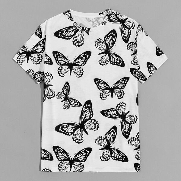 

Men Allover Butterfly Print Tee, Black and white