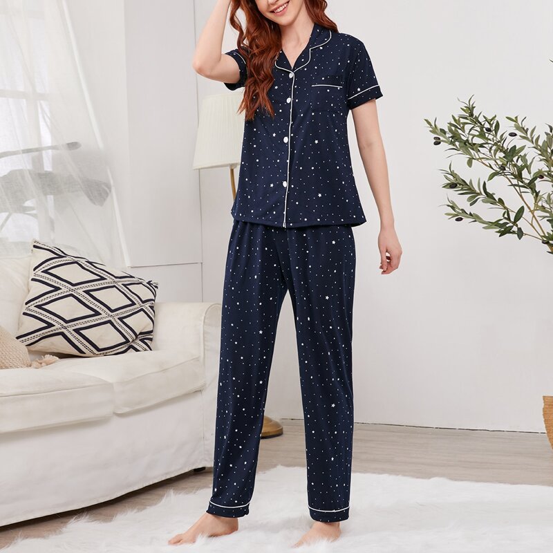 

Contrast Binding Galaxy Print PJ Set, Navy blue