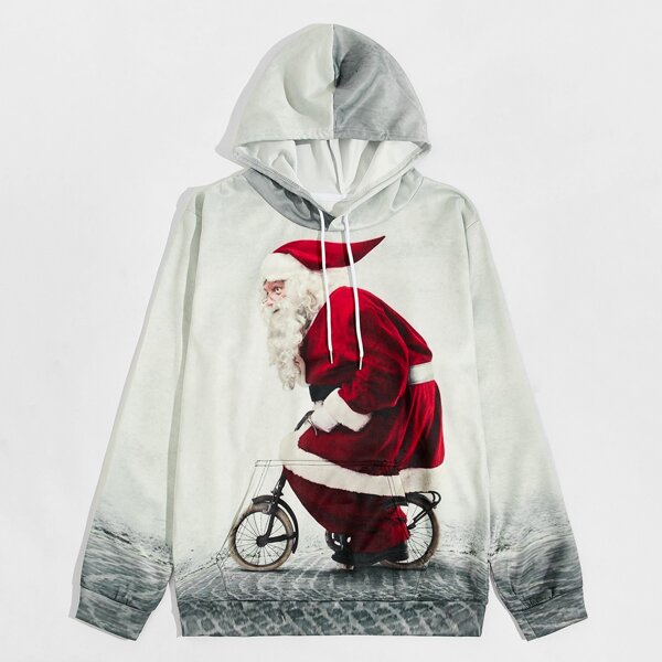 

Men Santa Claus Print Kangaroo Pocket Drawstring Hoodie, Light grey