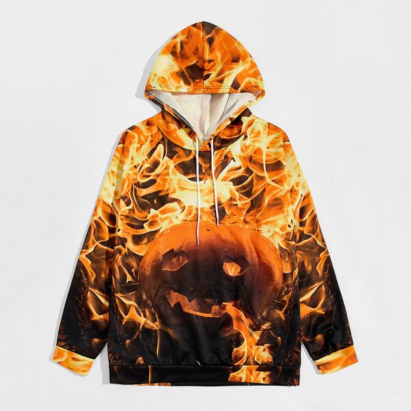 

Men Pumpkin And Fire Print Kangaroo Pocket Drawstring Hoodie, Multicolor