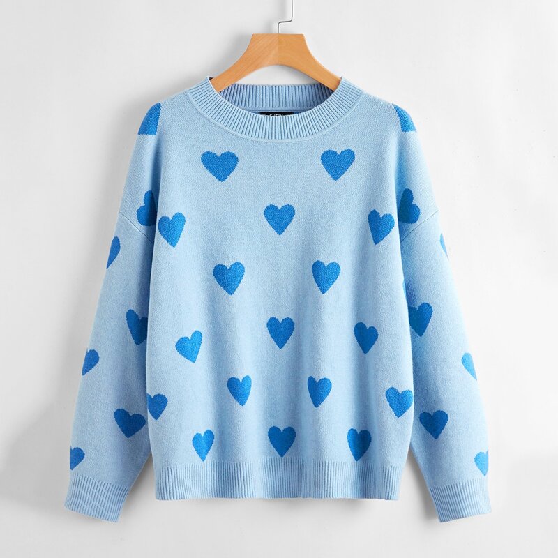 

Drop Shoulder Heart Sweater, Baby blue
