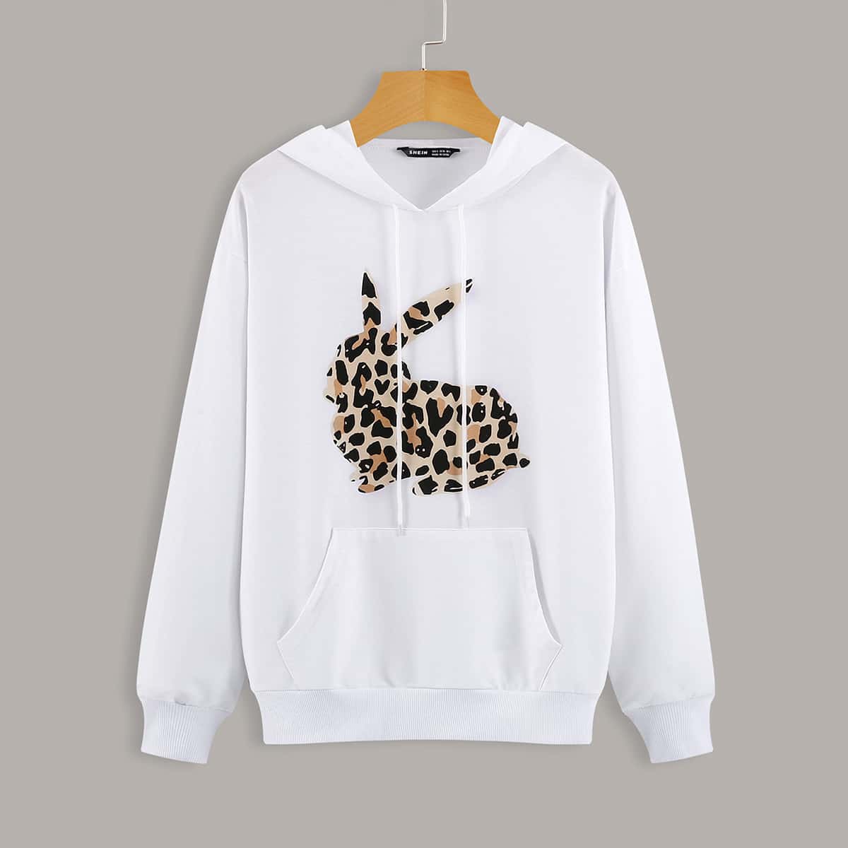 

Rabbit Print Kangaroo Pocket Drawstring Hoodie, White