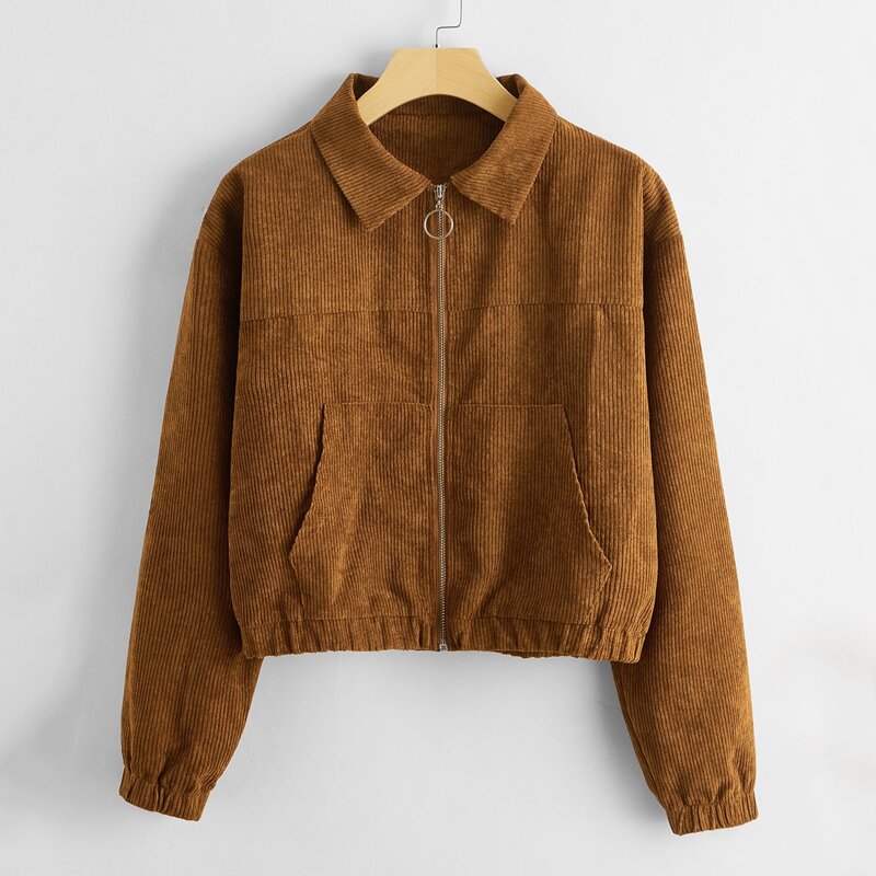 

Solid O-Ring Zip-Up Corduroy Jacket, Brown