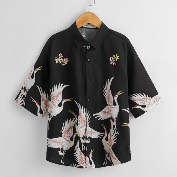 

Boys Floral and Swan Print Shirt, Black