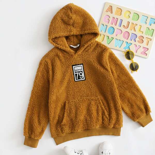 

Boys Letter Patched Kangaroo Pocket Teddy Hoodie, Brown