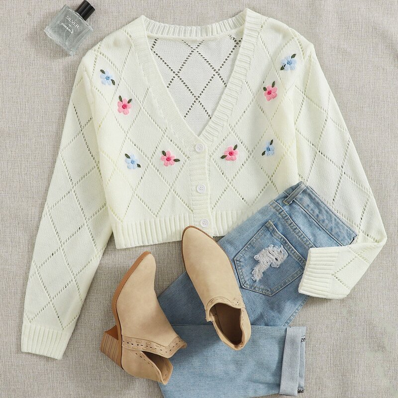

Embroidered Flower Open Stitch Cardigan, Beige