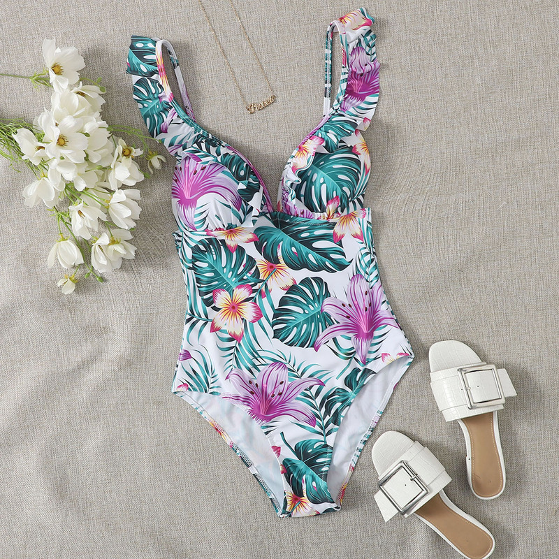 

Tropical & Floral Ruffle Trim One Piece Swimsuit, Multicolor